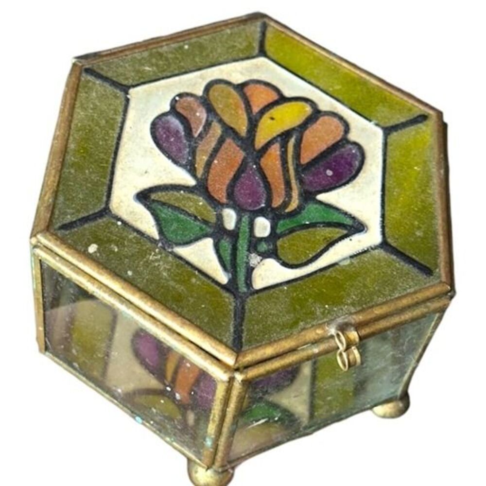 Vintage Faux Stained Glass Floral Rose Hexagon Glass/Mirror Trinket Box